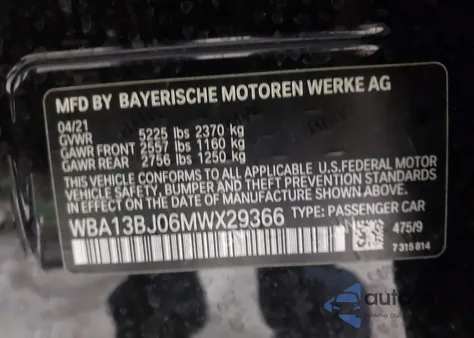 2021 BMW 530I xDrive из США, поврежденный, VIN WBA13BJ06MWX29366